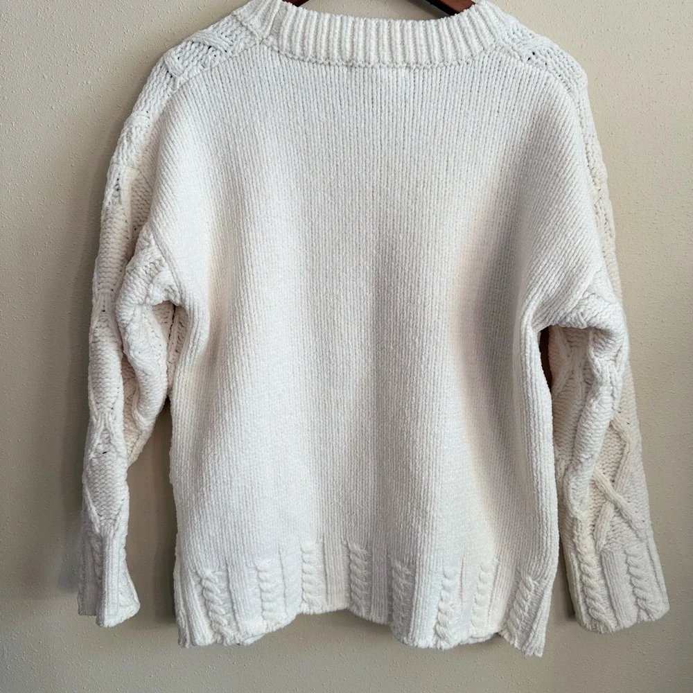 Indigo Soul Cream Cable Knit Sweater Small | Cozy Ivory Textured Pullover - Picture 5 of 8
